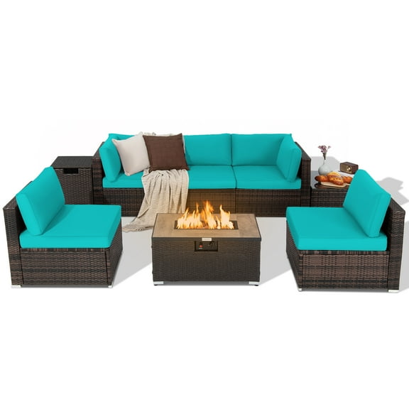 Costway 8PCS Patio Rattan Furniture Set Fire Pit Table Tank Holder Cover Deck Turquoise