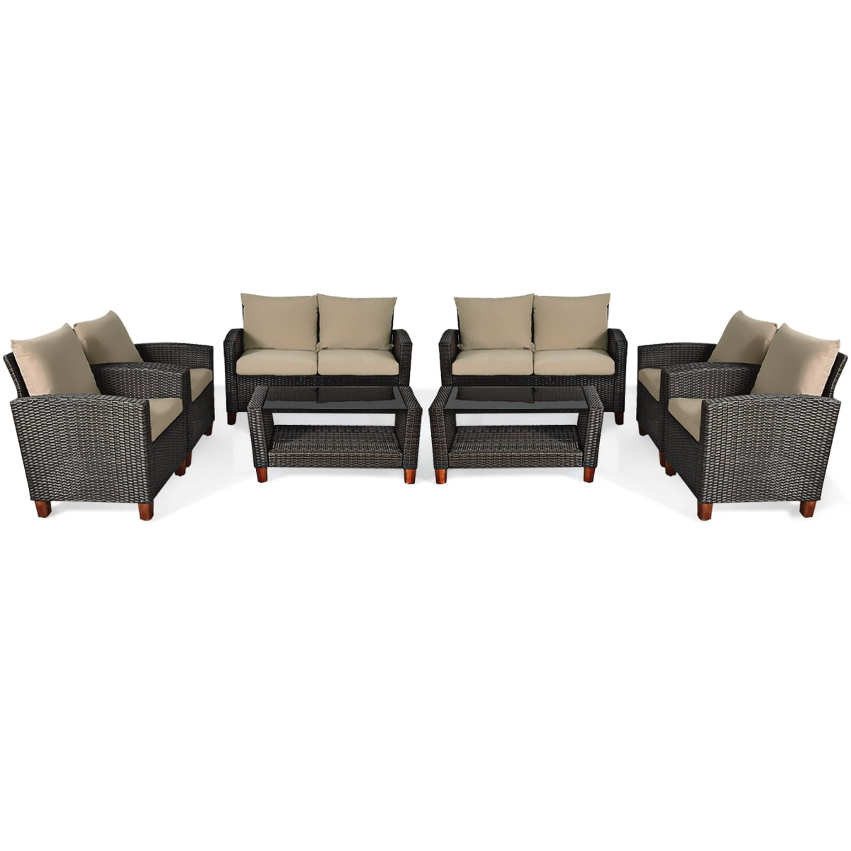 Costway 8-Piece Beige Cushioned Rattan Patio Furniture Set with Coffee Tables