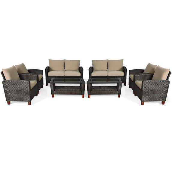 Costway 8PCS Patio Rattan Furniture Set Solid Wood Leg Cushioned Sofa Garden Lawn