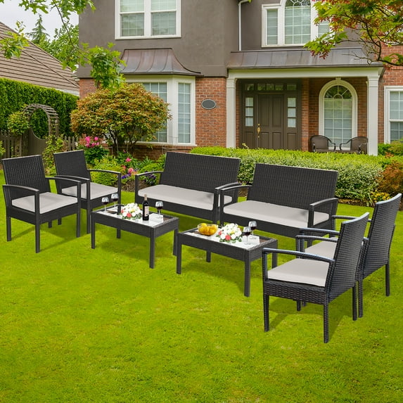 Costway 8PCS Patio Rattan Table Chair Set Cushioned Seat Garden Furniture