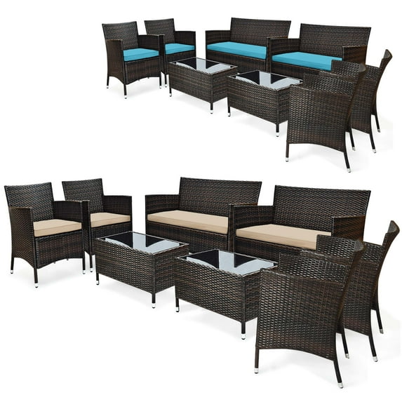 Costway 8PCS Patio Wicker Furniture Set Sofa Chair with Brown & Turquoise Cushion Covers