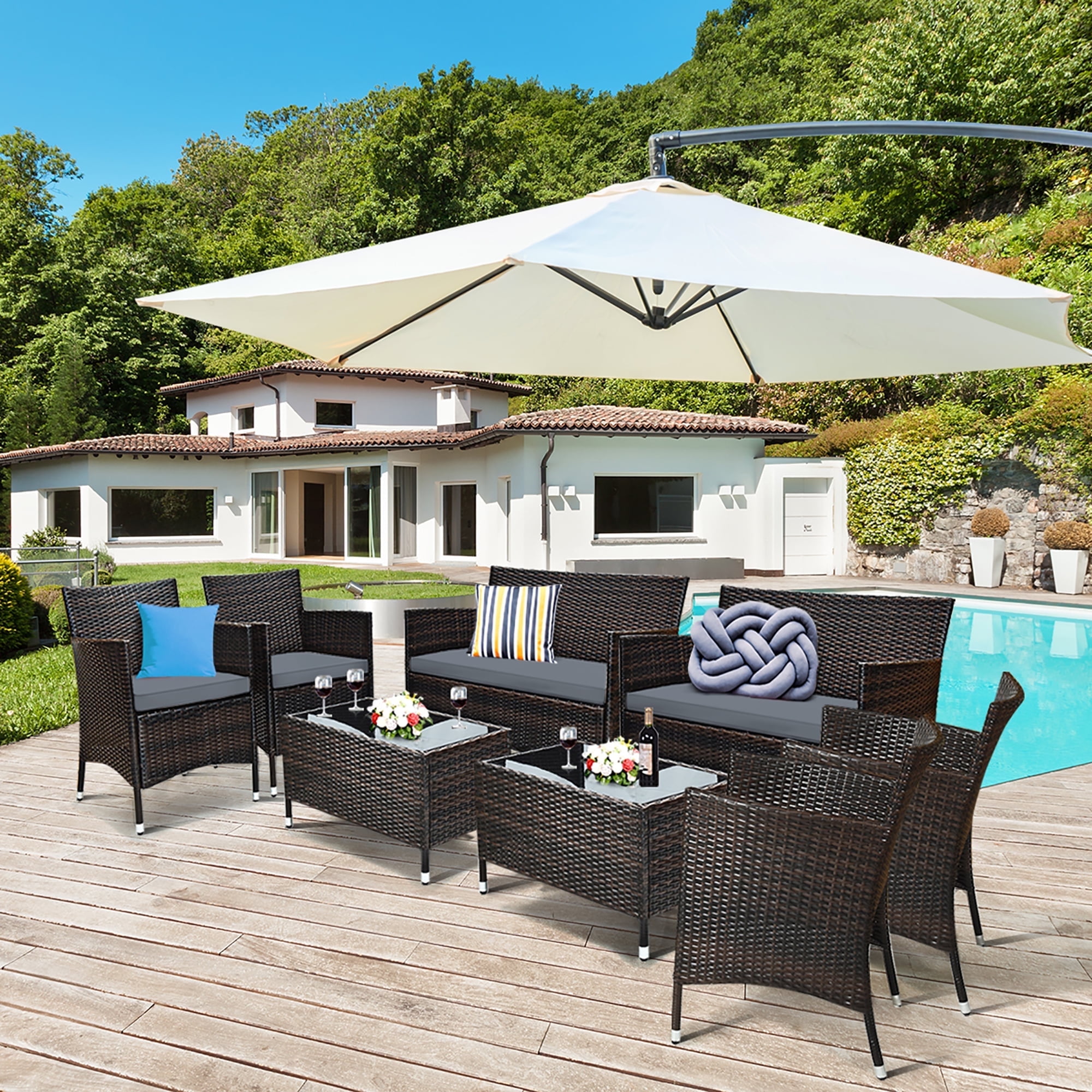 Rattan garden 2025 furniture with parasol