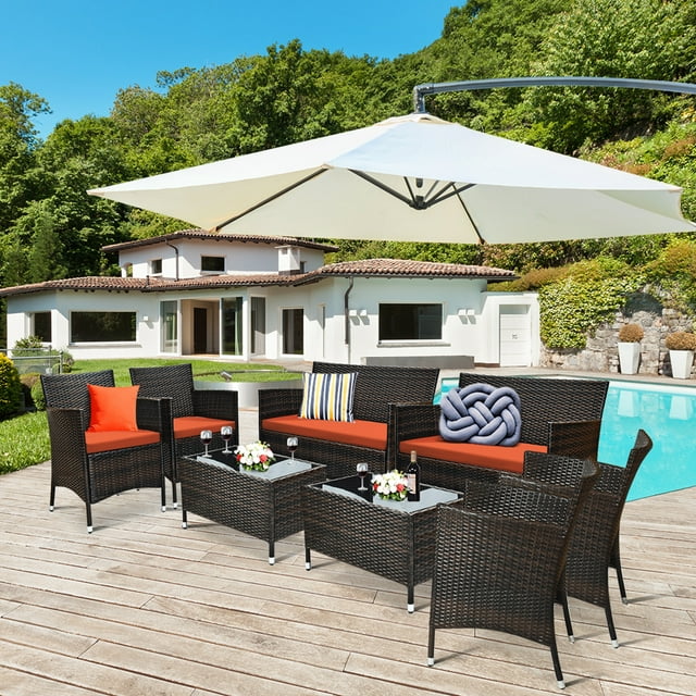 Costway 8PCS Rattan Patio Furniture Set Cushioned Sofa Chair Coffee Table Orange