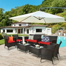 Costway 8PCS Rattan Patio Furniture Set Cushioned Sofa Chair Coffee Table Red