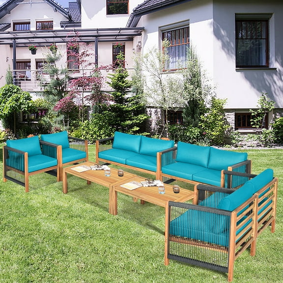 Costway 8PCS Wooden Patio Furniture Set Cushioned Sofa W/Rope Armrest Turquoise