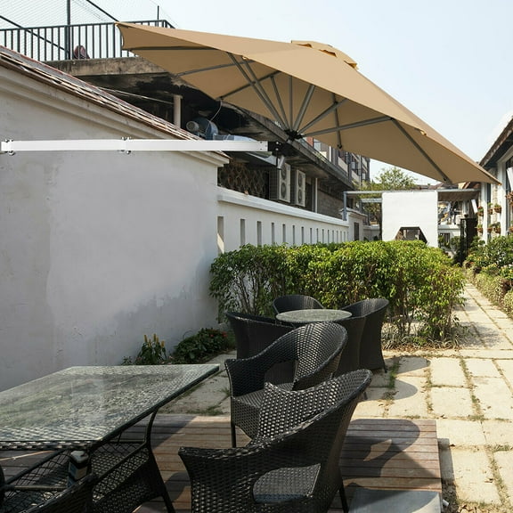 Costway 8ft Wall-Mounted Umbrella Telescopic Folding Tilt Sun Shade Beige