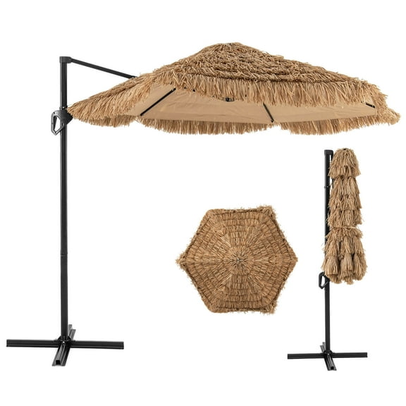 Costway 9.5 FT Cantilever Hula Tiki Thatch Patio Umbrella with Vented Top, 8-Layer Thatch
