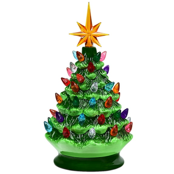 Costway 9.5''Pre-lit Hand-Painted Ceramic Tabletop Christmas Tree Green