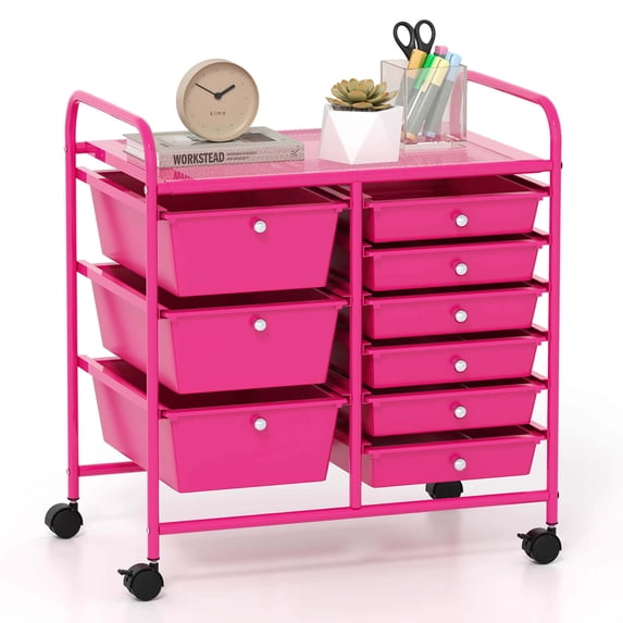 Costway 9 Drawer Rolling Organizer Cart Utility Storage Tools Scrapbook Paper Multi-Use Hot Pink