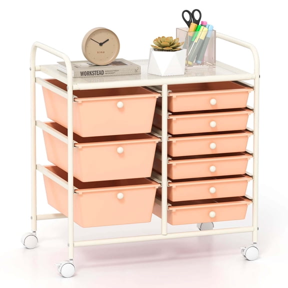 Costway 9 Drawer Rolling Organizer Cart Utility Storage Tools Scrapbook Paper Multi-Use Light Pink
