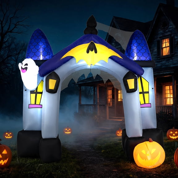 Costway 9 FT Halloween Inflatable Archway with LED Lights, Ghost & Pumpkin, Built-in Blower Multicolor