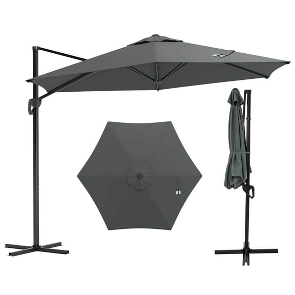 Costway 9 FT Patio Cantilever Umbrella with Sun-Protective Canopy, Top Air Vent Cross Base Gray