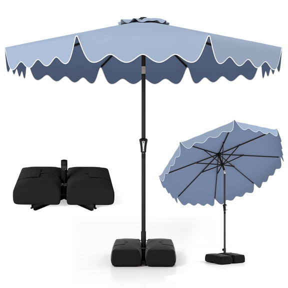 Costway 9 FT Patio Umbrella with Weighted Base Sandbags Push Button Tilt Crank Sturdy Ribs Blue