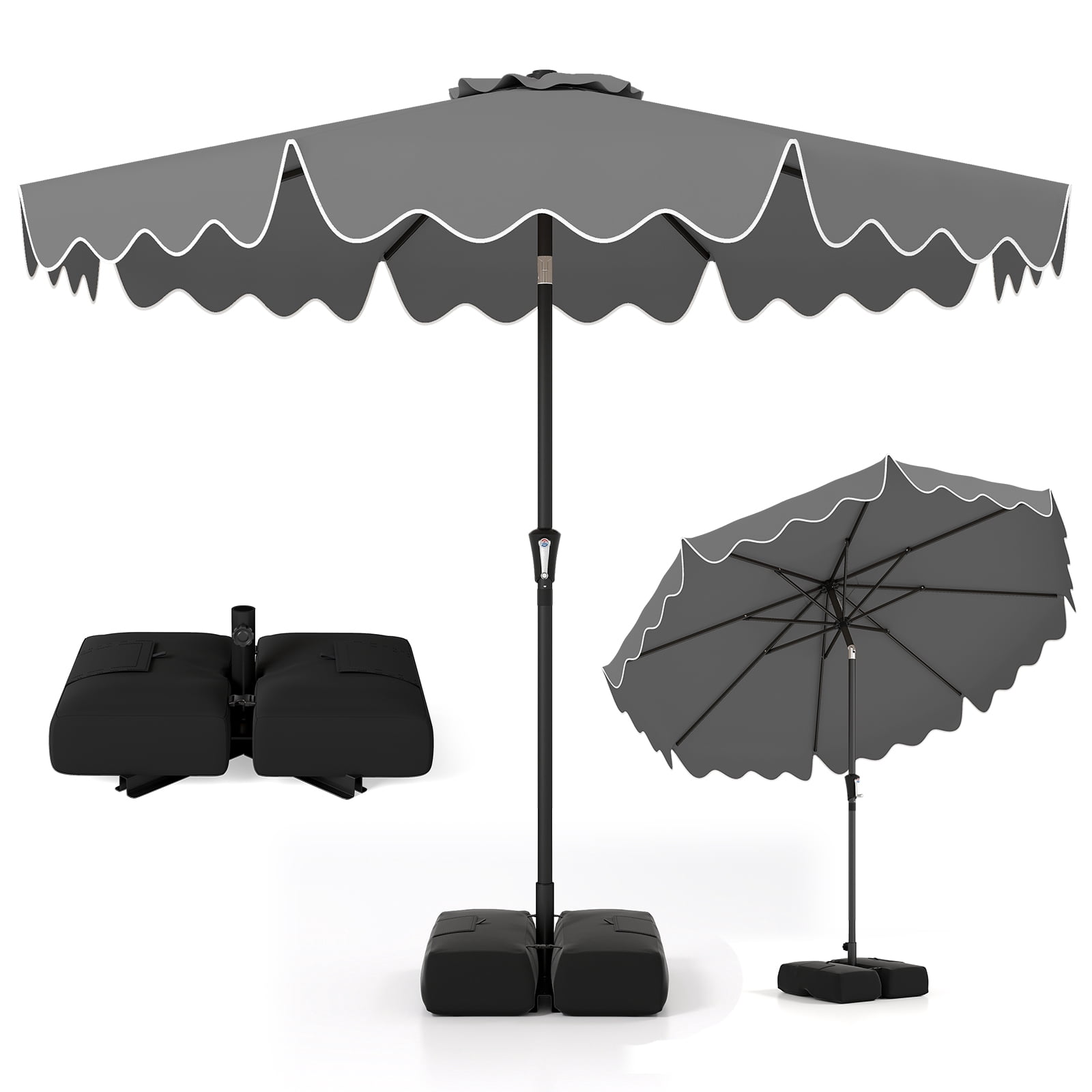 Costway 9 FT Patio Umbrella with Weighted Base Sandbags Push Button Tilt Crank Sturdy Ribs Gray