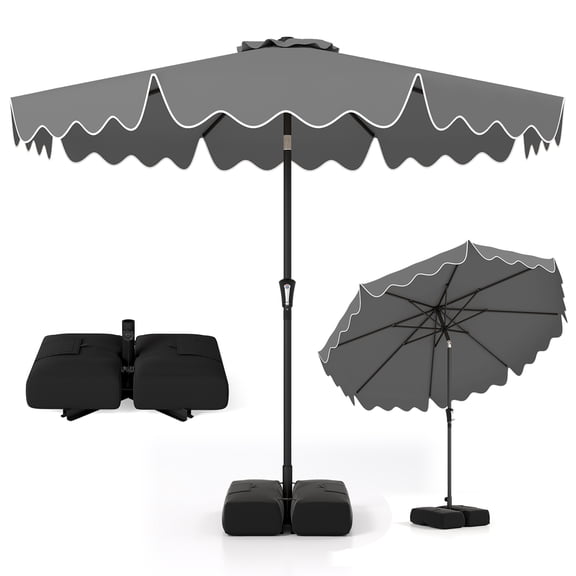 Costway 9 FT Patio Umbrella with Weighted Base Sandbags Push Button Tilt Crank Sturdy Ribs Gray
