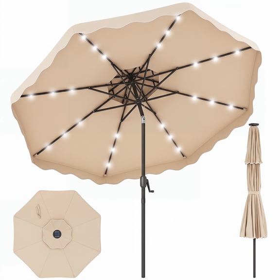 Costway 9 FT Solar LED Patio Umbrella, Push-Button Tilt & Crank, 24 LED Lights & 8 Ribs Beige