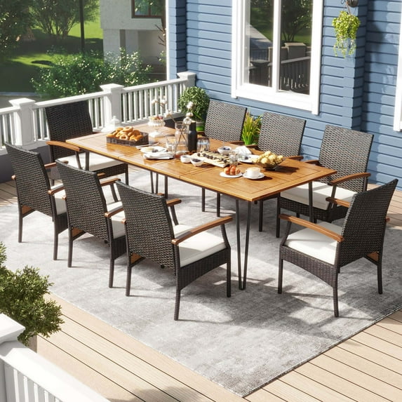 Costway 9 PCS Outdoor Patio Dining Set Armchairs Set of 8 and Acacia Wood Square Table