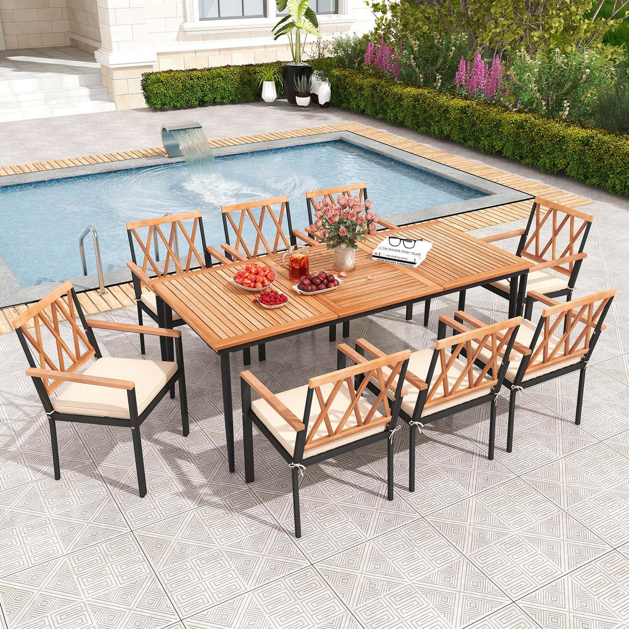 8 seat patio dining set with umbrella Pcs Table Umbrella, 6 Folding Chairs and Rectangle Dining Table, Outdoor Patio Furniture Set, Black : Patio, Lawn & Garden and an elegant centre Nuu Garden Outdoor 7 pc.