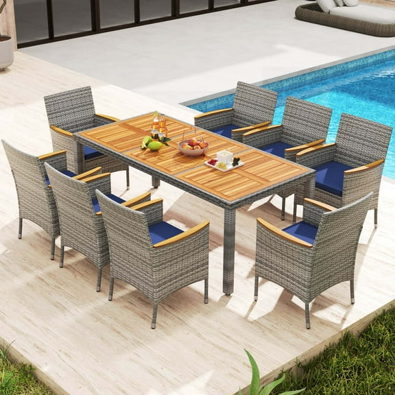 Costway 9 PCS Patio Dining Set for 8 Table and PE Rattan Chairs with 2" Umbrella Hole Navy