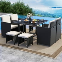Costway 9 PCS Patio Dining Set with Tempered Glass Table & Ottoman Removable Cushions off-White
