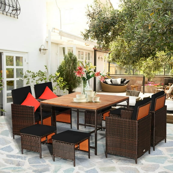 Costway 9 PCS Patio Rattan Dining Set Cushioned Chairs Ottoman Wood Table Top Black