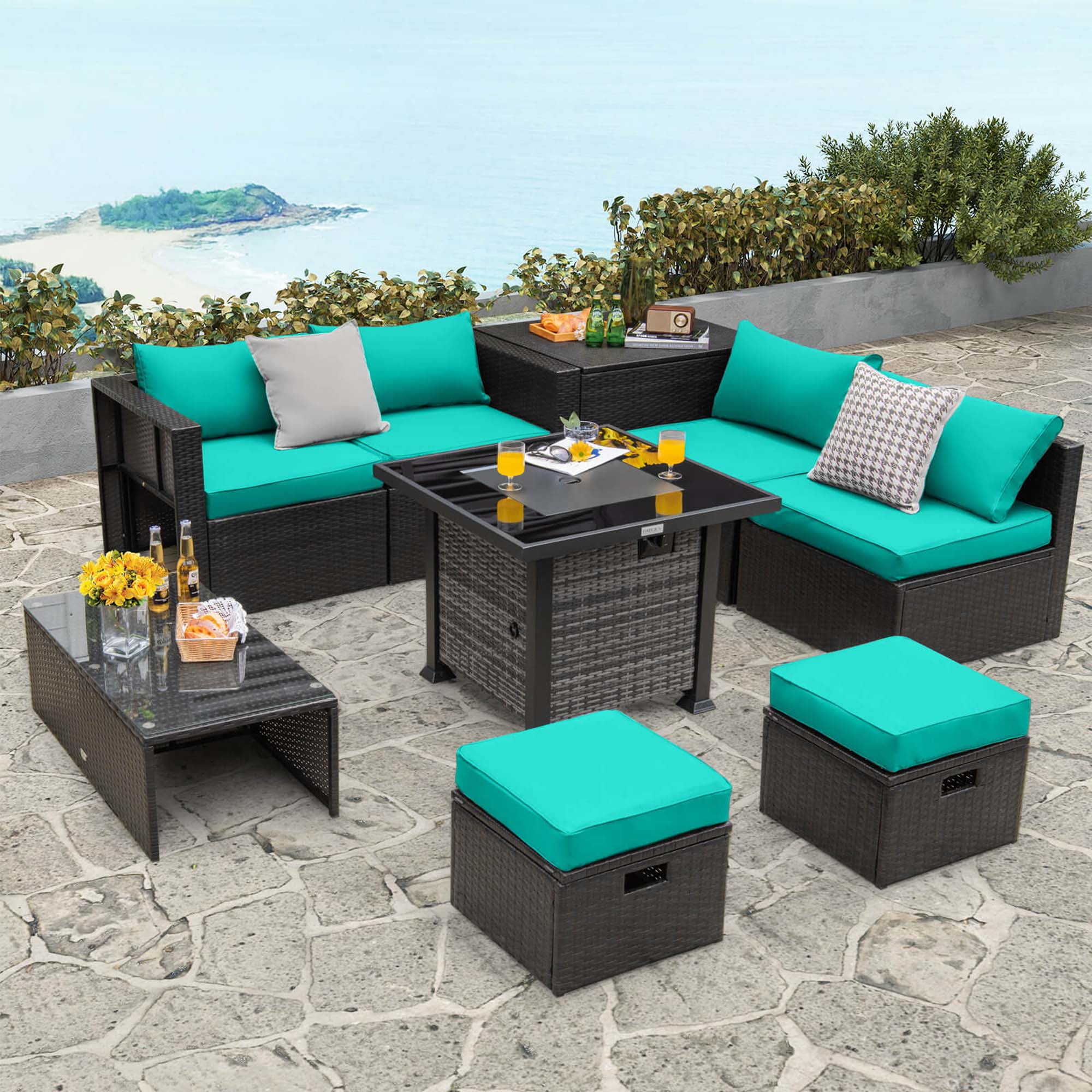 Costway 9 Pieces Patio Furniture Set with 50,000 BTU Propane Fire Pit