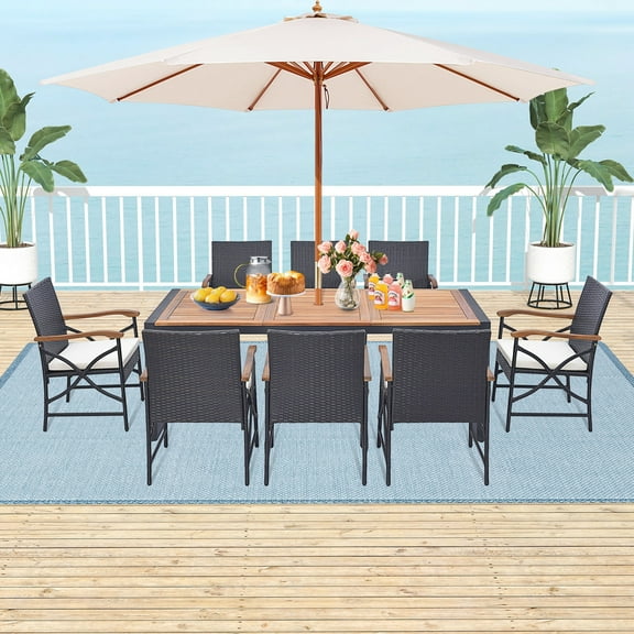 Costway 9 Pieces Patio Rattan Dining Set with Acacia Wood Table, 1.9" Umbrella Hole
