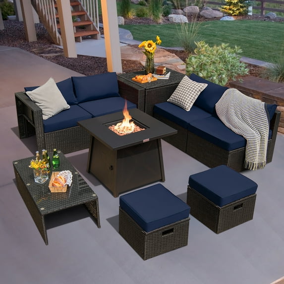 Costway 9 Steel Space-saving Outdoor Conversation Sets with Table and Sofas, Black/Navy