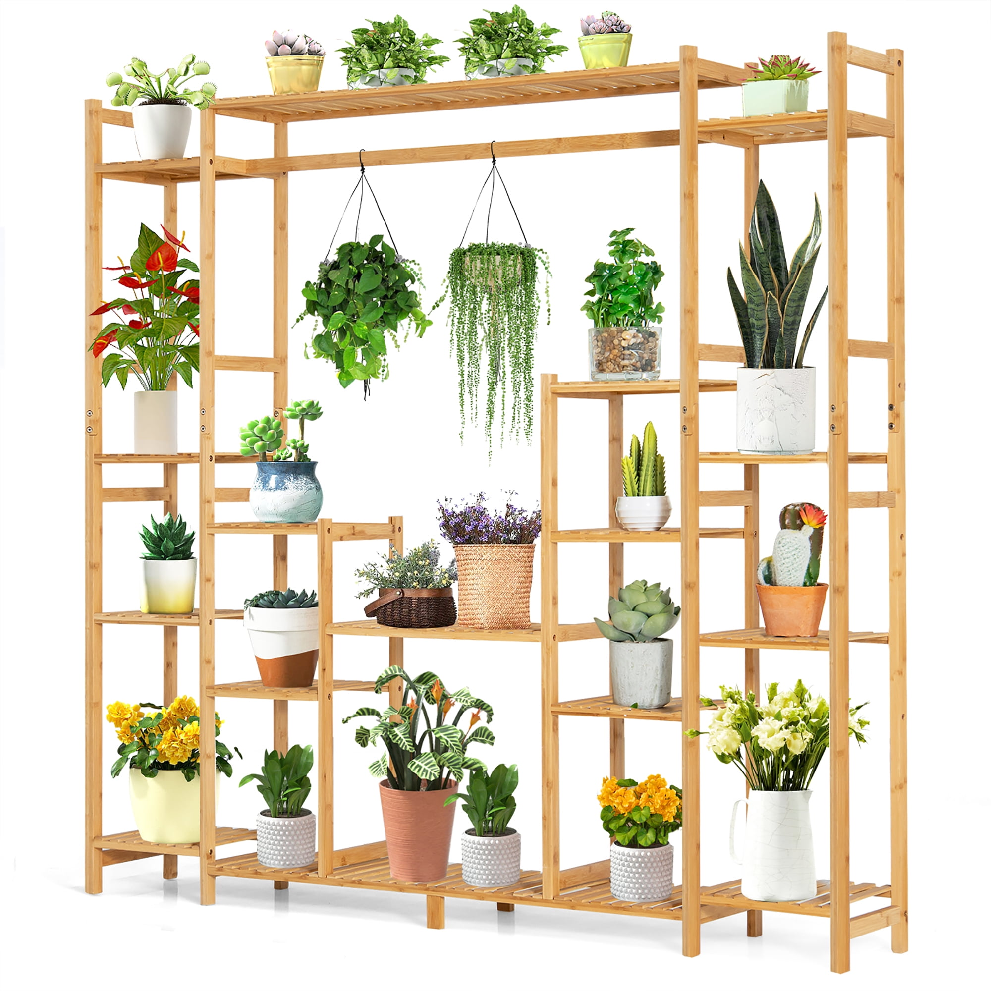 Costway 9 Tier Bamboo Plant Stand Potted Holder with Hanging Rack for Indoor Outdoor Garden Display Shelf Unit Walmart