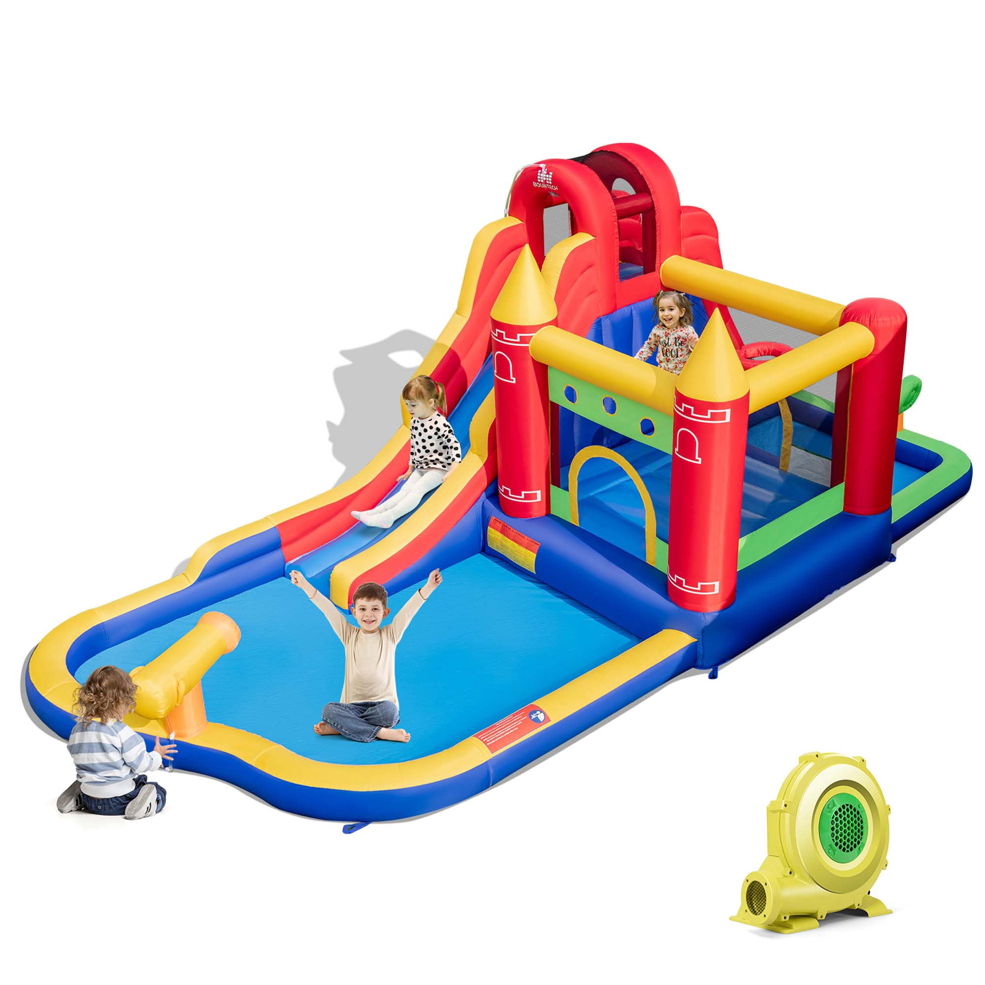 Costway 9-in-1 Inflatable Bounce Castle with Waterslide Splash Pool for 3+ with 735W Blower