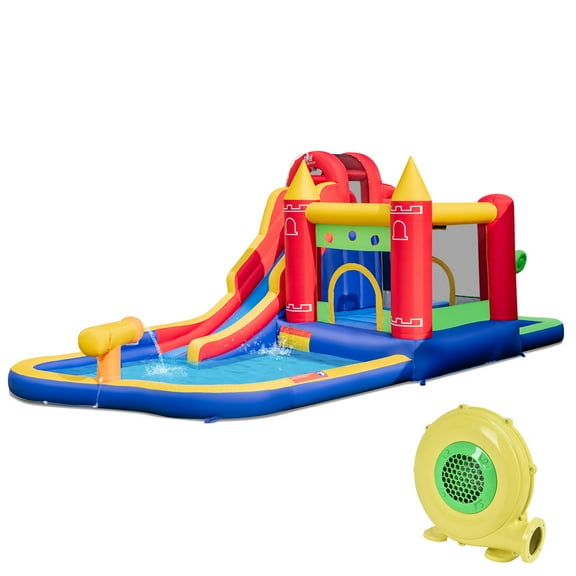 Costway 9-in-1 Inflatable Bounce Castle with Waterslide Splash Pool for 3+ with 735W Blower