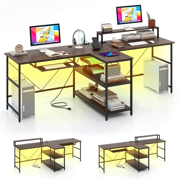 Costway 94.5" Long Office Desk 2-Person Reversible Computer Desk with LED Lights Coffee
