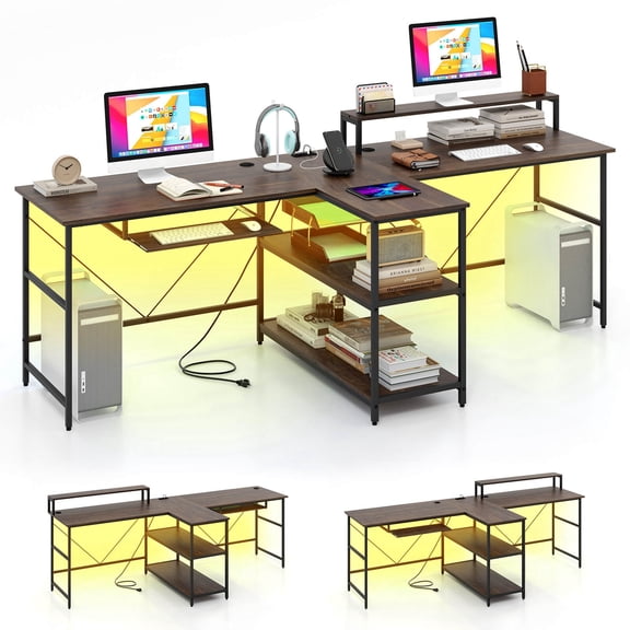 Costway 94.5" Long Office Desk 2-Person Reversible Computer Desk with LED Lights Coffee