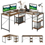 Costway 95'' Convertible L-shaped Corner Computer Desk 2-Person Long Desk Shelves Rustic