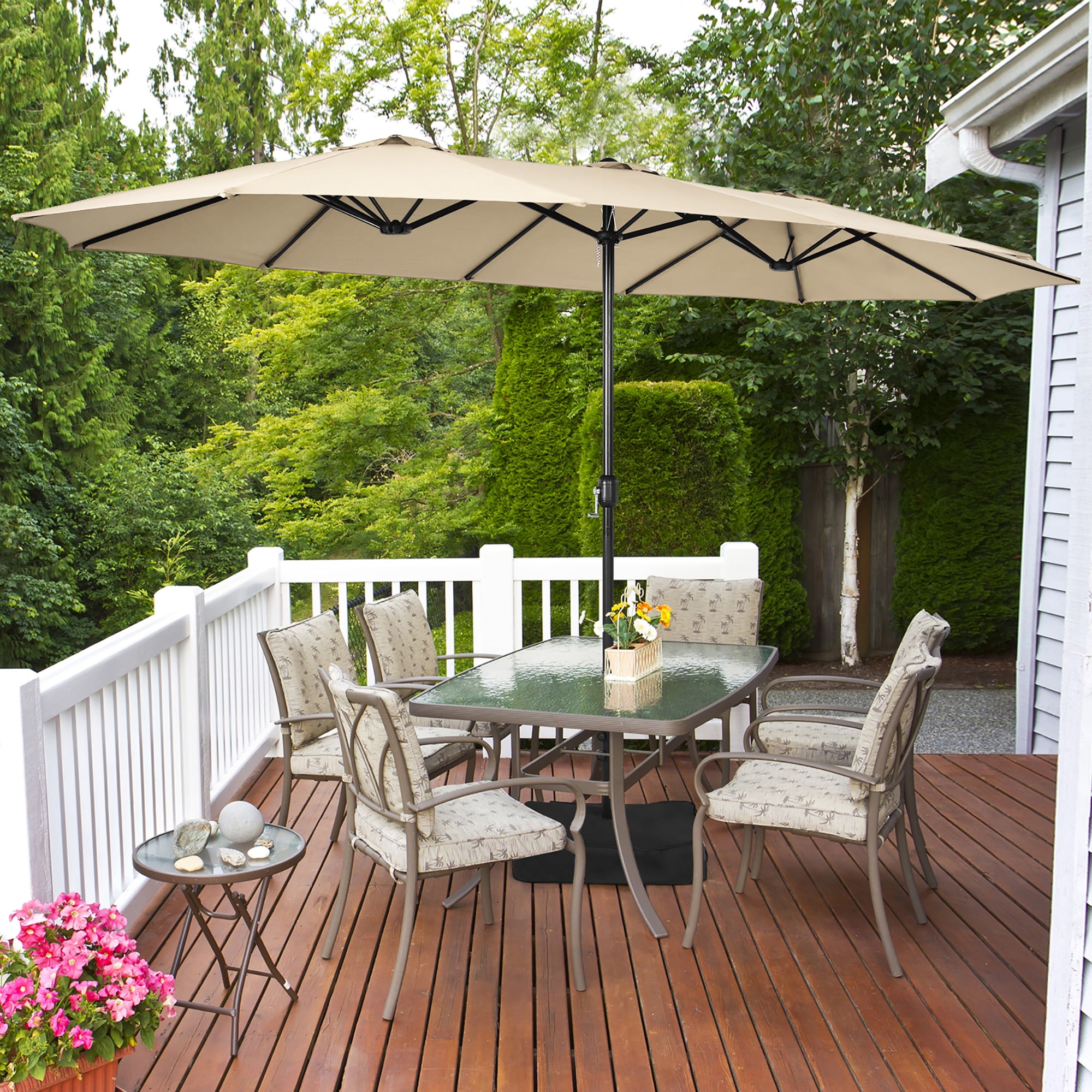 15 twin patio umbrella canopy Outsunny 15' Twin Canopy Patio Umbrella with Crank, Air Vents, Tan