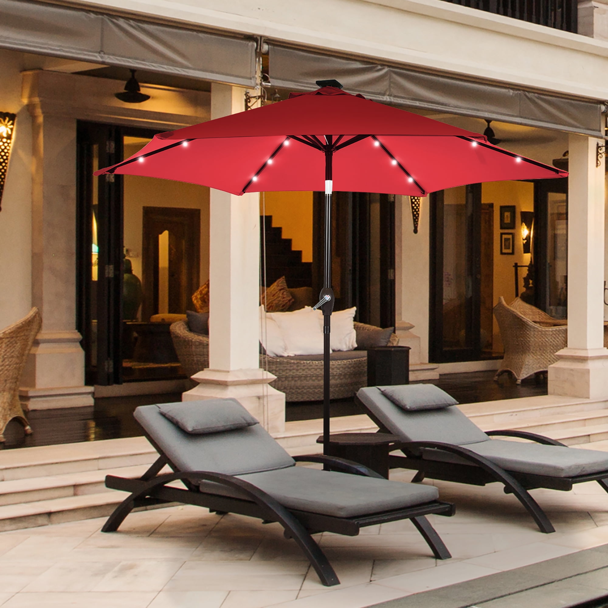 Burgundy Hexagon Market Patio Umbrella with LED Lights