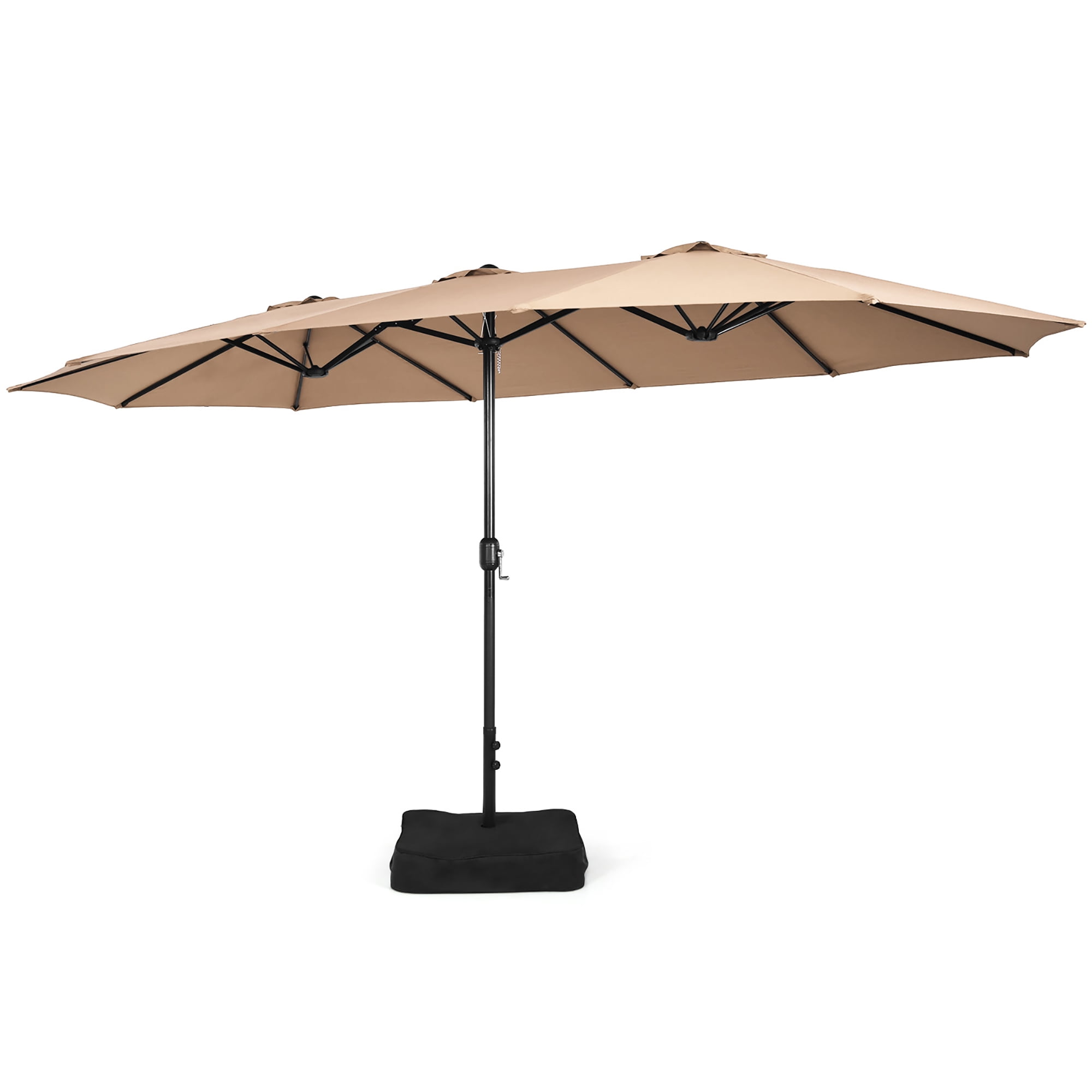 Tan 15ft Double-Sided Market Patio Umbrella with Black Iron Stand