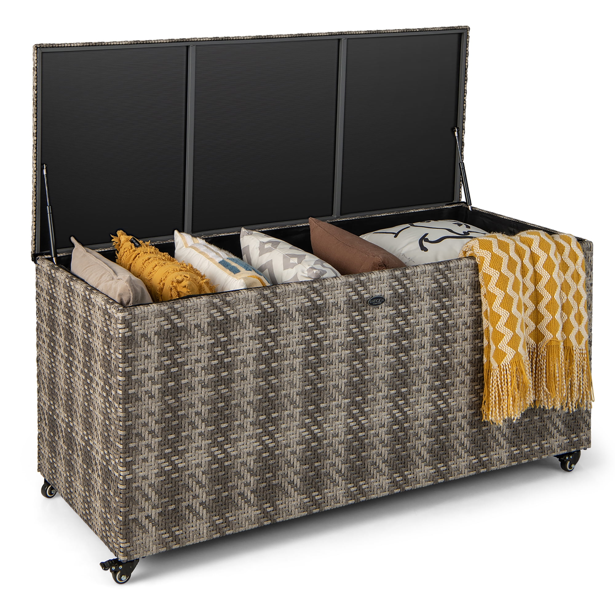 96 Gallon Gray Wicker Deck Box with Wheels