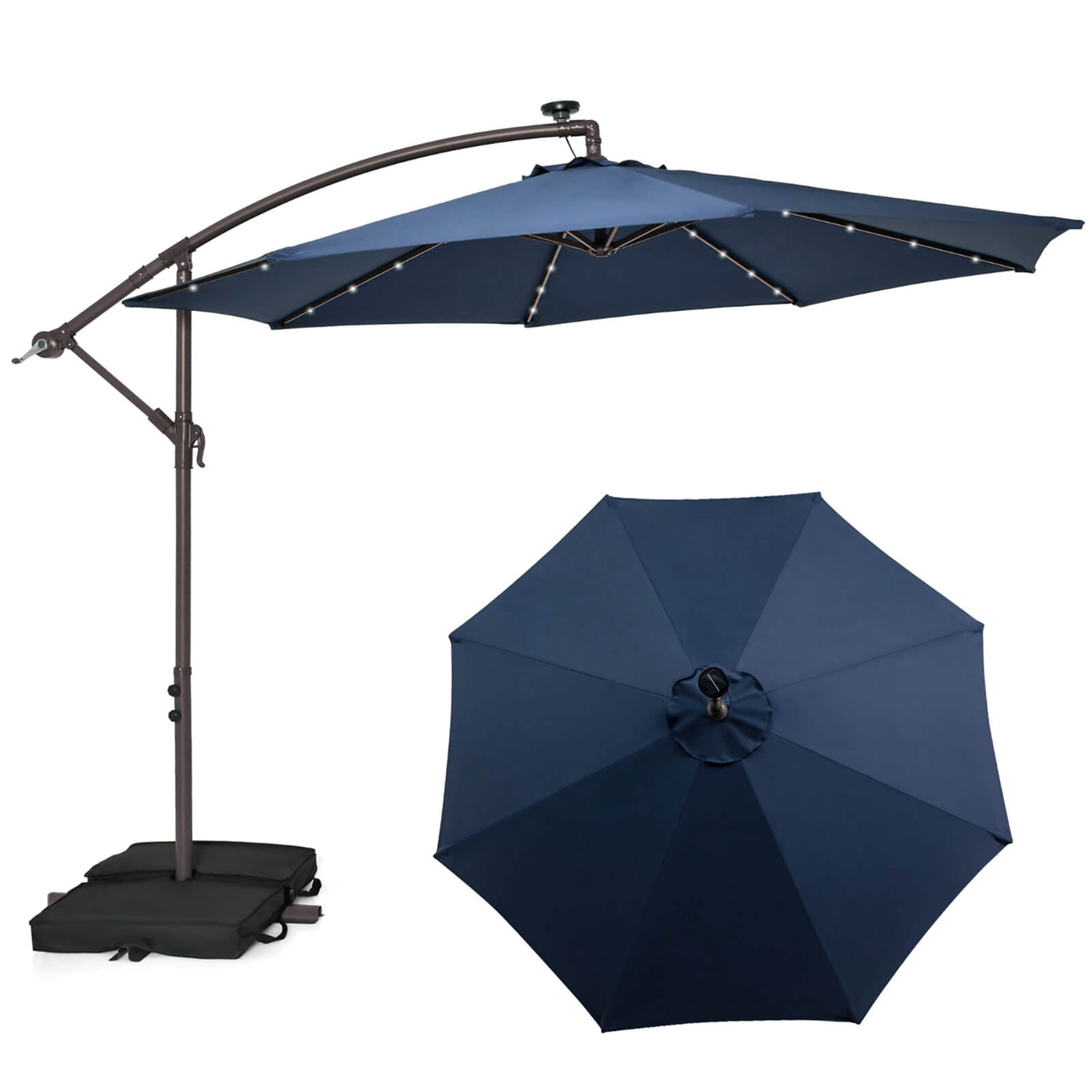 Costway 10FT Cantilever Patio Umbrella with Solar LED Lights, Crank Handle, and Sand Bag for Backyard, Pool, and Deck