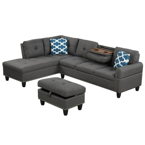 Costway 98” L-Shaped Sofa with Movable Storage Ottoman Linen Fabric Backs Seats Cup Holders Dark Gray