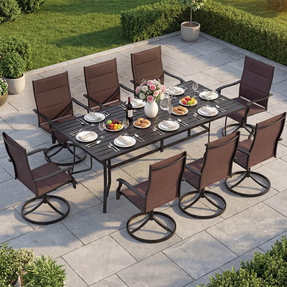 Costway 9PCS Outdoor Dining Set, 76” Rectangular Patio Table with Umbrella Hole for Balcony Black + Brown