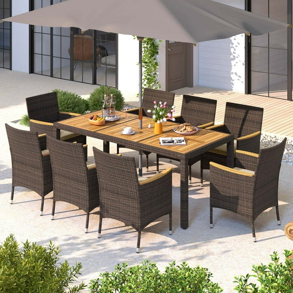 Costway 9 PCS Outdoor Dining Set with Acacia Wood Table Top Patio Dining Set for 8 People Beige