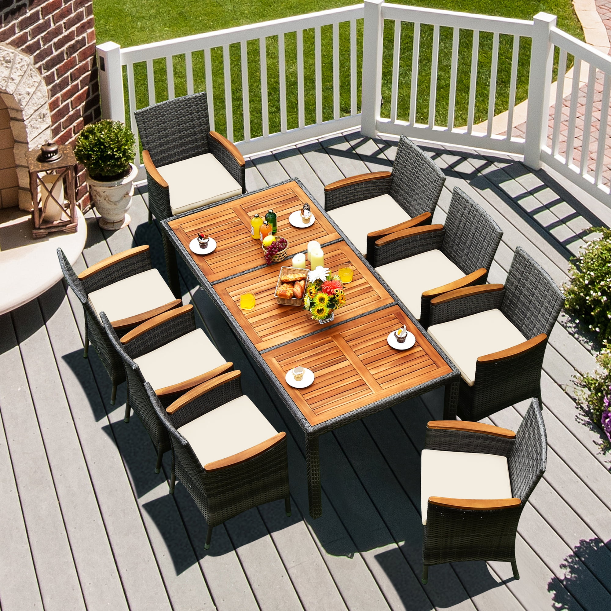 Mix Gray 9-Piece Outdoor Wicker Dining Set with Acacia Wood Table and Beige Cushions