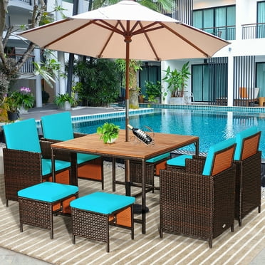 Costway 9PCS Patio Rattan Dining Set Cushioned Chairs Ottoman Wood Table Top Turquoise