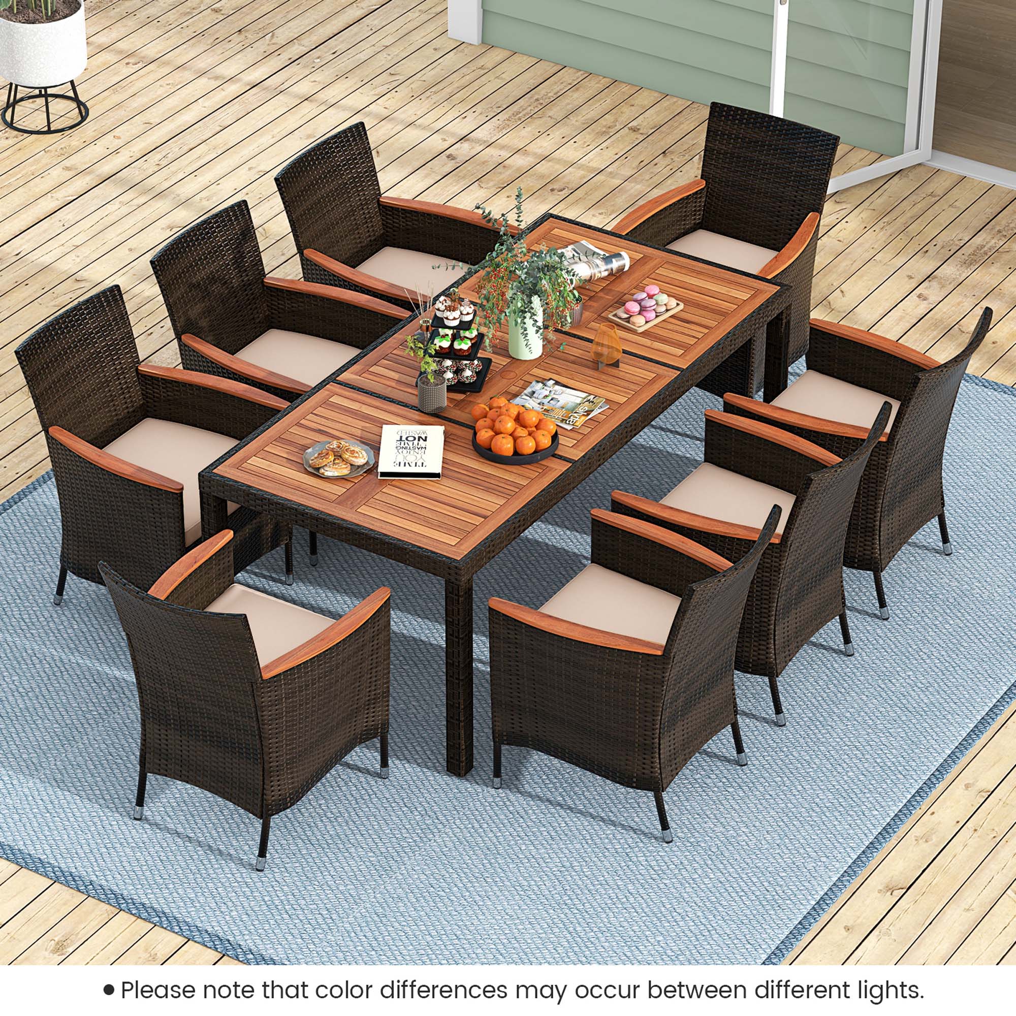 Costway 9PCS Patio Wicker Dining Set Acacia Wood Table Top Umbrella Hole Cushions Chairs - image 1 of 10