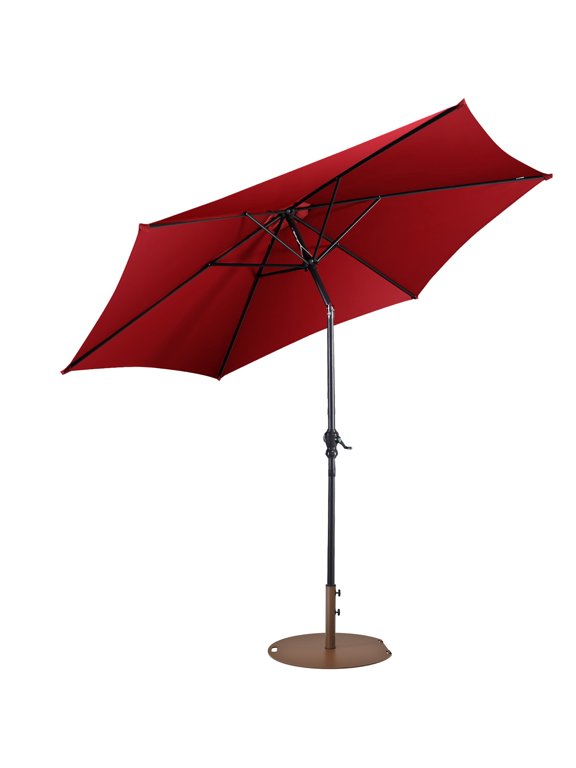 9ft Patio Umbrella Outdoor W/ 50 LBS Round Umbrella Stand W/ Wheels, Burgundy