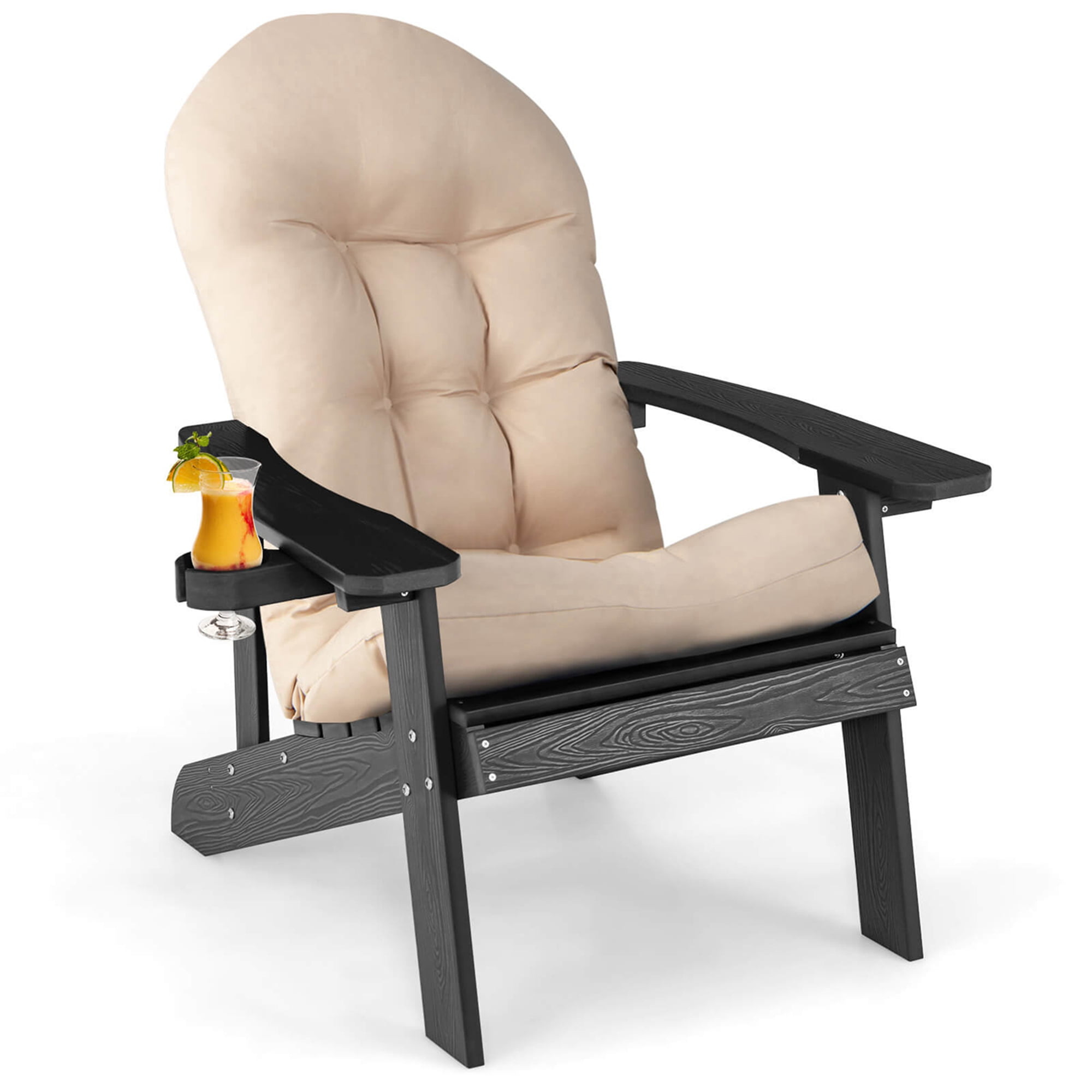 Costway Adirondack Chair HIPS Adirondack Chair with Cup Holder & Cushion Black