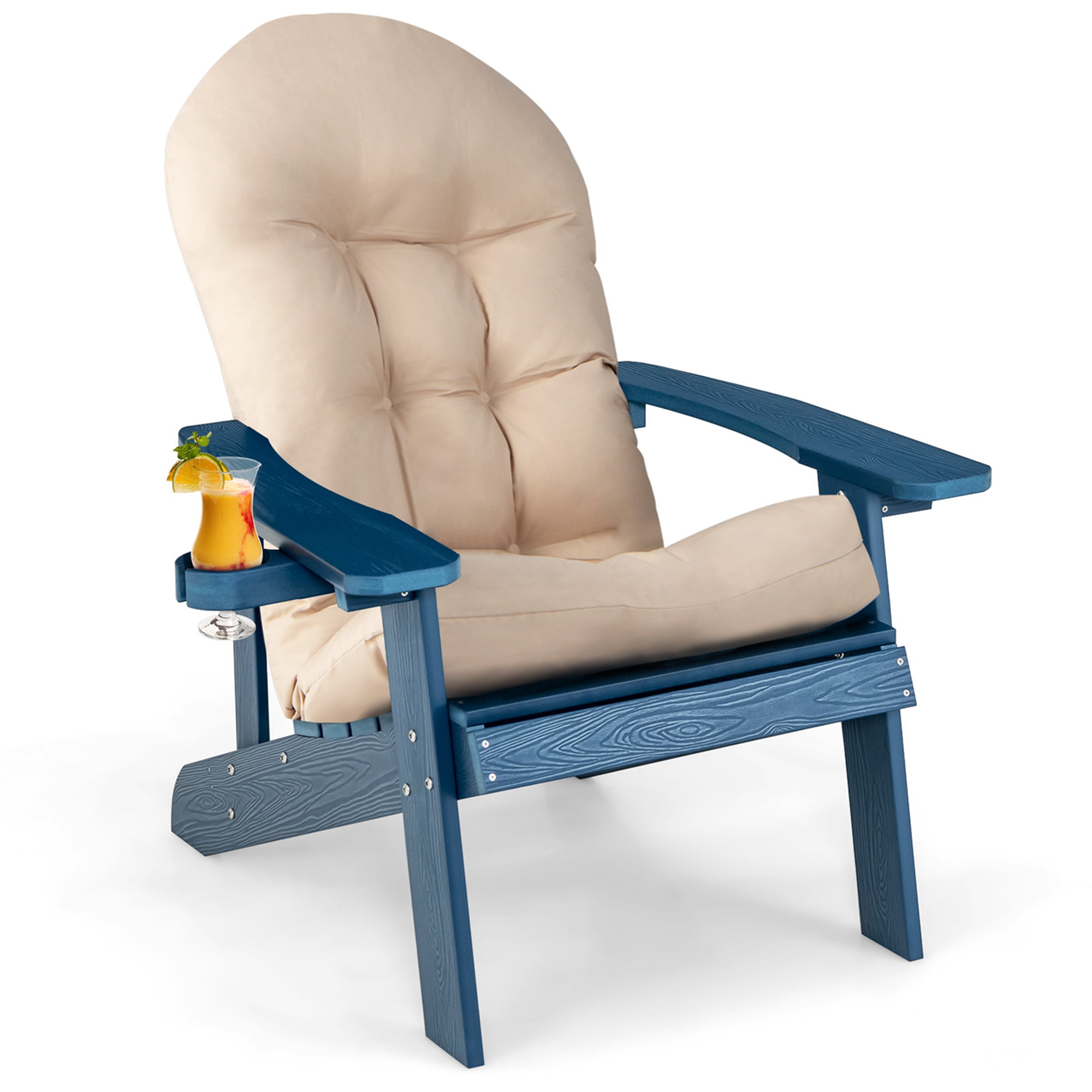 Costway Adirondack Chair HIPS Adirondack Chair with Cup Holder & Cushion Navy