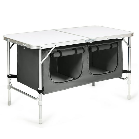 Costway Adjustable Camping Table Aluminum w/ Storage Organizer Grey