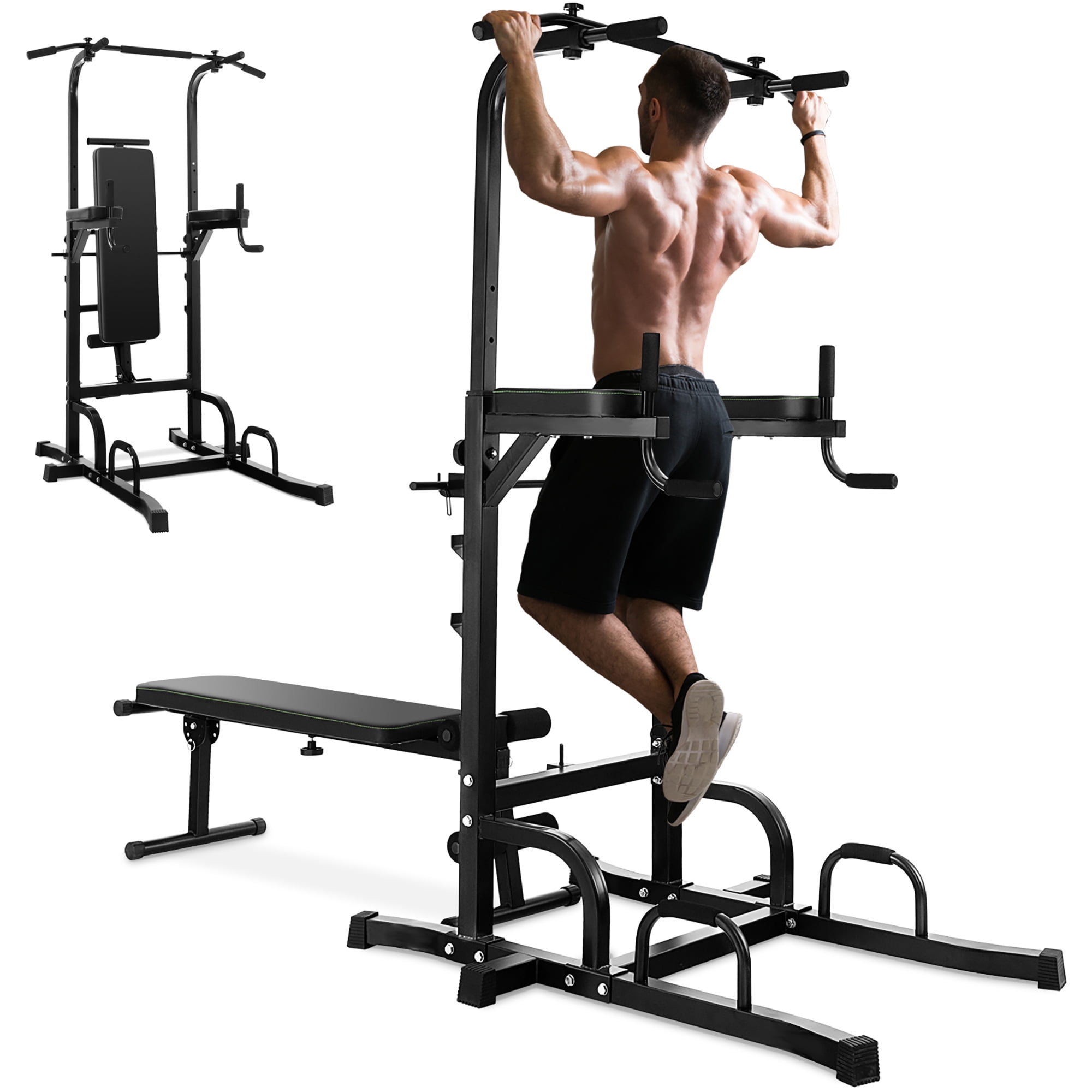 Costway Adjustable Power Tower Pull Up Bar Stand Dip Station Equipment with  Bench Home Gym